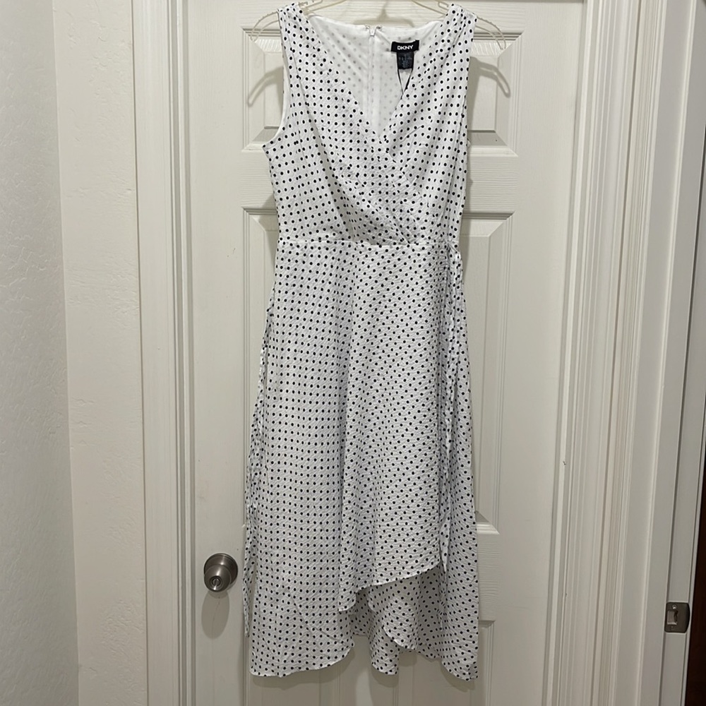 NWT DKNY Midi Faux Wrap Chiffon/crepe Black & White Dress - Picture 5 of 12